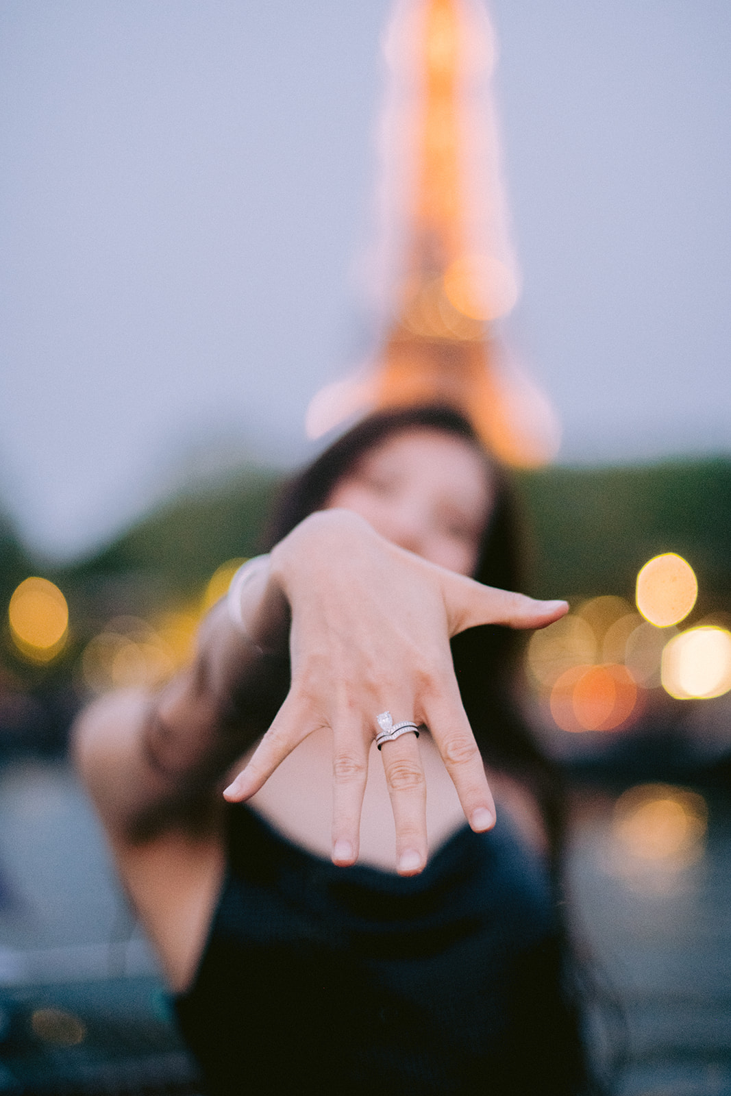 Engagement ring photographed during an Eiffel Tower proposal session in Paris